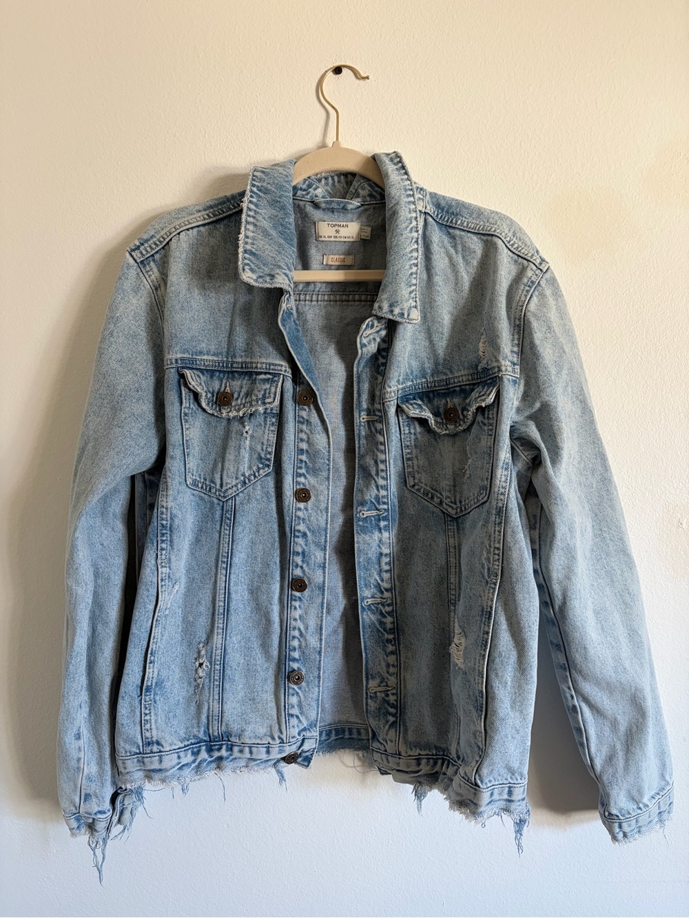 Topman Denim Jacket Men’s Light Blue Classic Distressed Button Front Size XL